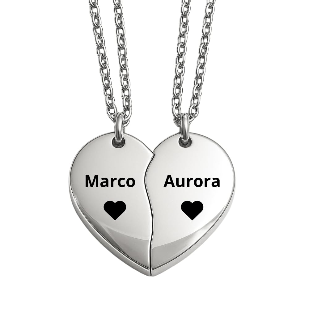 Collana Coppia Cuore che si Spezza Personalizzata in Acciaio Inox | Collane per Fidanzati Amore a Distanza | Cuore Diviso Personalizzabile Nome Data Incisione cll0972c