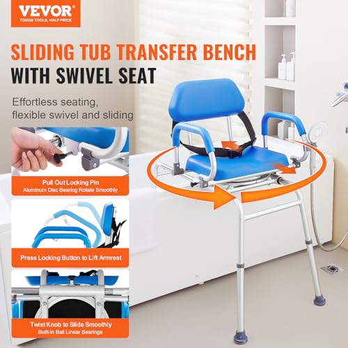 VEVOR Sliding Tub Transfer Bench with 360 Degree Swivel Seat, Sliding Shower Chair with Pivoting Armrest & Padded Seat and Safety Belt, Height Adjustable Bath Chair for Elderly Disabled, 330LBS - Image 5