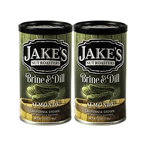 Jake's Nut Roasters - Brine & Dill Pickle Flavored California Almonds - Whole Dry Roasted Seasoned Snack Nuts, 7 Ounce Can (2 Pack)