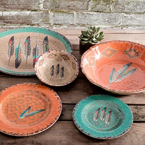 Image of Paseo Road Tossed Feather 14 Piece Melamine Plastic Western Dinnerware Set, Orange Tan Brown Teal Aztec Tribal Print, Southwestern Rustic Dish Set with Plates, Bowls, Serving Dish