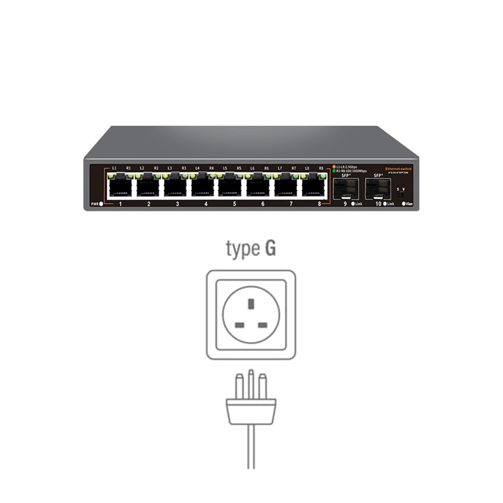 Switch di rete a 10 porte | 8 porte Ethernet da 2,5 GB + 2 porte SFP+ da 10 GB | non gestito | Plug & Play | Connettività ad alta velocità (switch con spina UK)