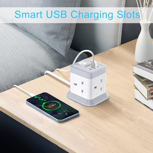 3M Extension Lead Cube With USB, BEVA 4 Gang Extension Socket With 3 USB Ports, Power Strip With Switch Multi Plug Extension with 3 Metre Long Cable For Home Office Travel - Image 3