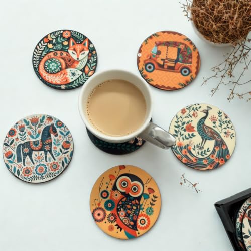 Image of Zesta Coasters for Cups Set of 6 / Wooden Coasters for Bar Accessories for Home /Tea Coaster Set of 6 / Waterproof Dining Table Decor Glass Cover (Animal A, Circle)