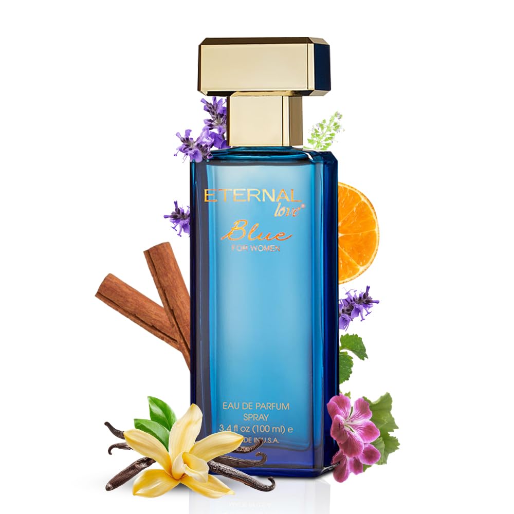 Eternal Love Blue for Women - Long Lasting Eau de Parfum Spray - Soft Powdery Floral Scent with Vanilla & Jasmine - Feminine & Alluring Fragrance - 3.4oz