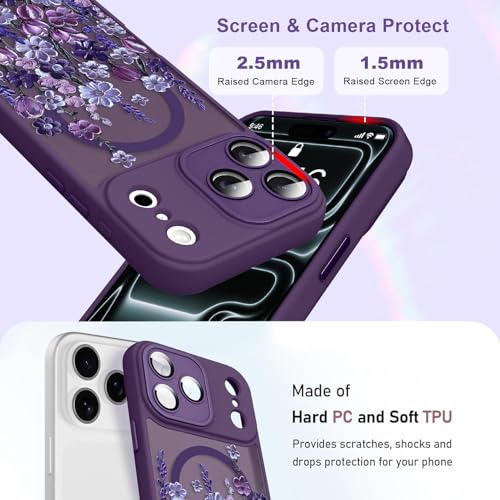 Image of Magnetic for iPhone 17 Pro Case [Compatible with MagSafe] Pretty Oil Painting Floral Flower Pattern Design, Shockproof Slim Translucent Matte Cover for Women Girls, Dark Purple