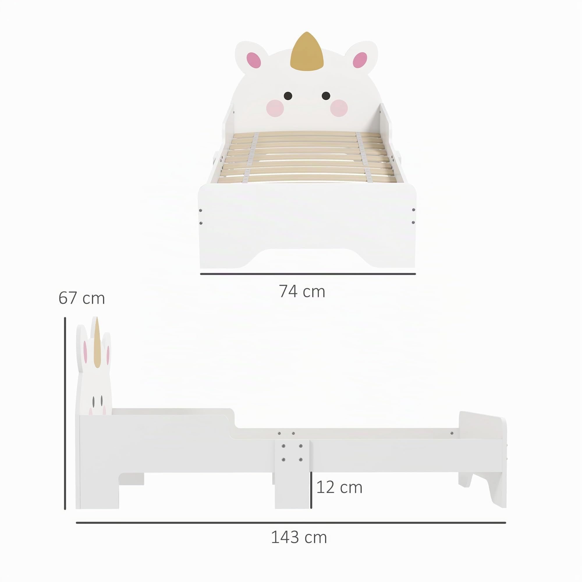 ZONEKIZ Cama para Niños de 3-6 Años 143x74x67 cm Cama Infantil de Madera en Forma de Unicornio Mueble de Dormitorio Moderno Carga 80 kg Blanco
