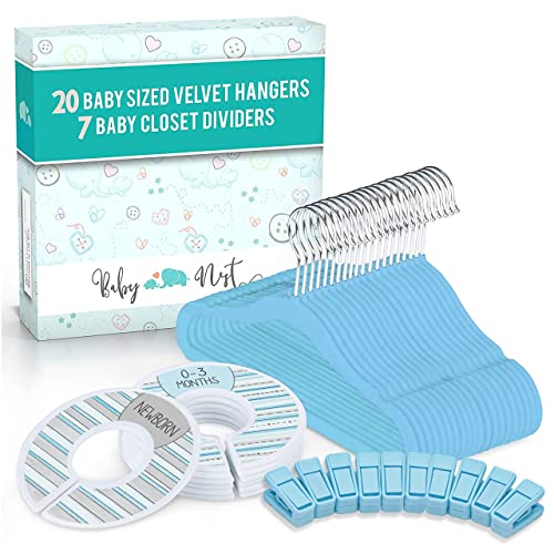 Image of Baby Nest Designs 20x Baby Hangers for Closet with 7X Baby Closet Dividers for Nursery Velvet Baby Clothes Hangers Unisex Newborn Essentials Baby Size Organizer for Infant Clothing to 24 Months