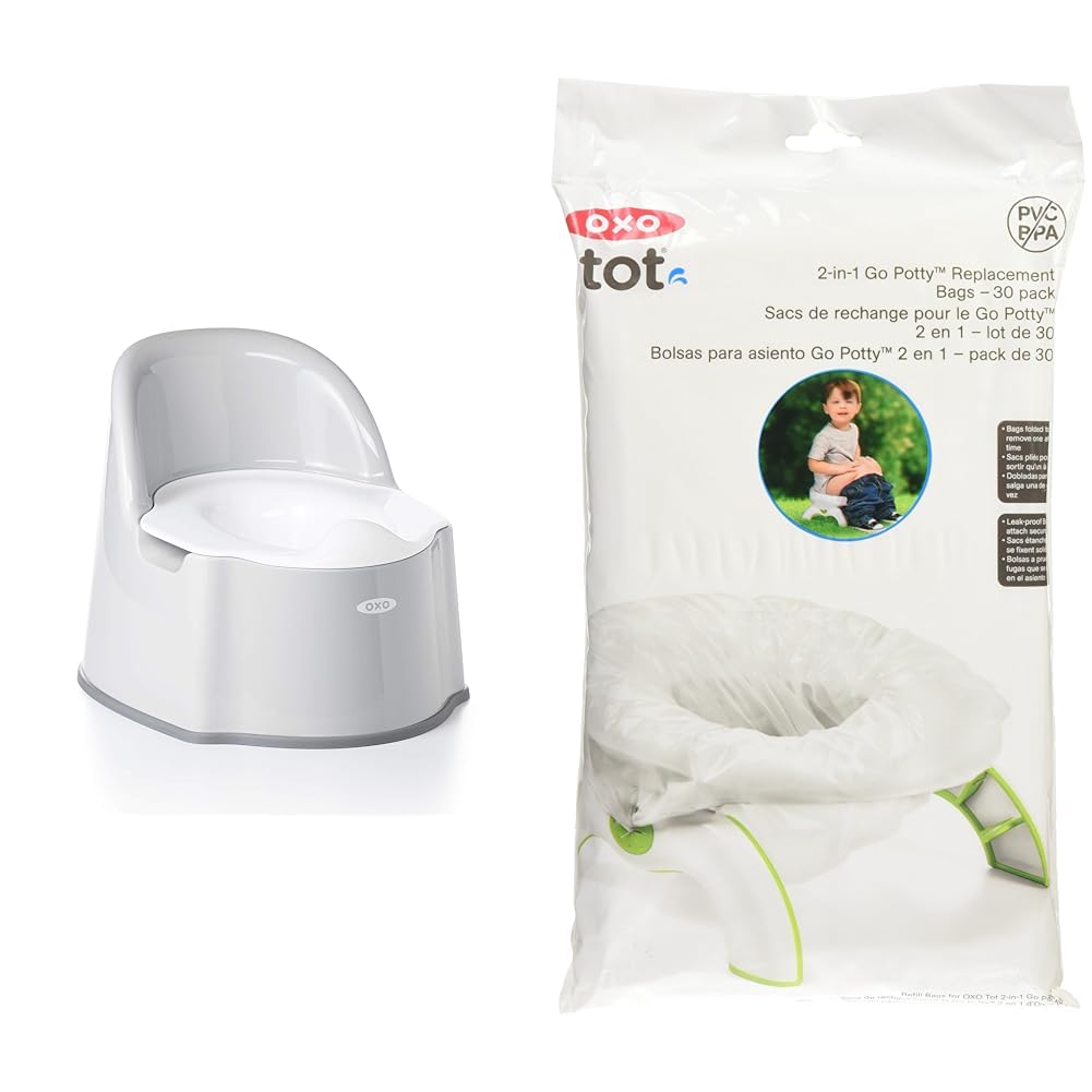 ((missing 1 item)) OXO Tot Potty Chair, Gray & Tot 2-in-1 Go Potty Refill Bags - 30 Pack