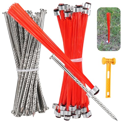 30 Pcs Ground Marking Whiskers Neon Orange Marking Whiskers with Lightweight Stakes Survey Property Line Markers for House Garden Lawn Landscape Ground Hunting Markers