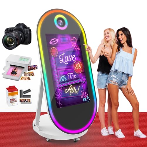Magic Mirror Photo Booth with Camera and Printer,60-32 Oval Mirror Photo Booth with Interactive Touch Screen Built-in Mini PC,Flight Case,RBG Light,Music Sync,Instant Print and Share for Events(White)