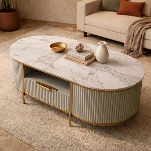 Image of Monaco Coffee Table Premium Sintered Stone Top Center Table for Living Room Silver Grey 110 x 60 x 45 cm
