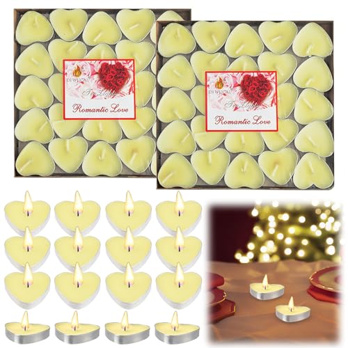 MOAMUN 100 Pack Tea Lights Candles, Heart Shape Tea Candles mini Tealights Bulk Smokeless Tealight Candle for Valentine's Day Wedding Anniversary Christmas Decoration(Yellow)