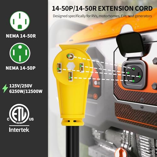 Image of NEMA 14-50P to 14-50R 50 FT 50 Amp RV /EV Extension Cord Outdoor | 50 Foot 4 Prong Heavy Duty RV Power Cord Waterproof with Cable Organizer, STW 50A 125 /250V 6250 /12500W, Yellow, ETL Listed