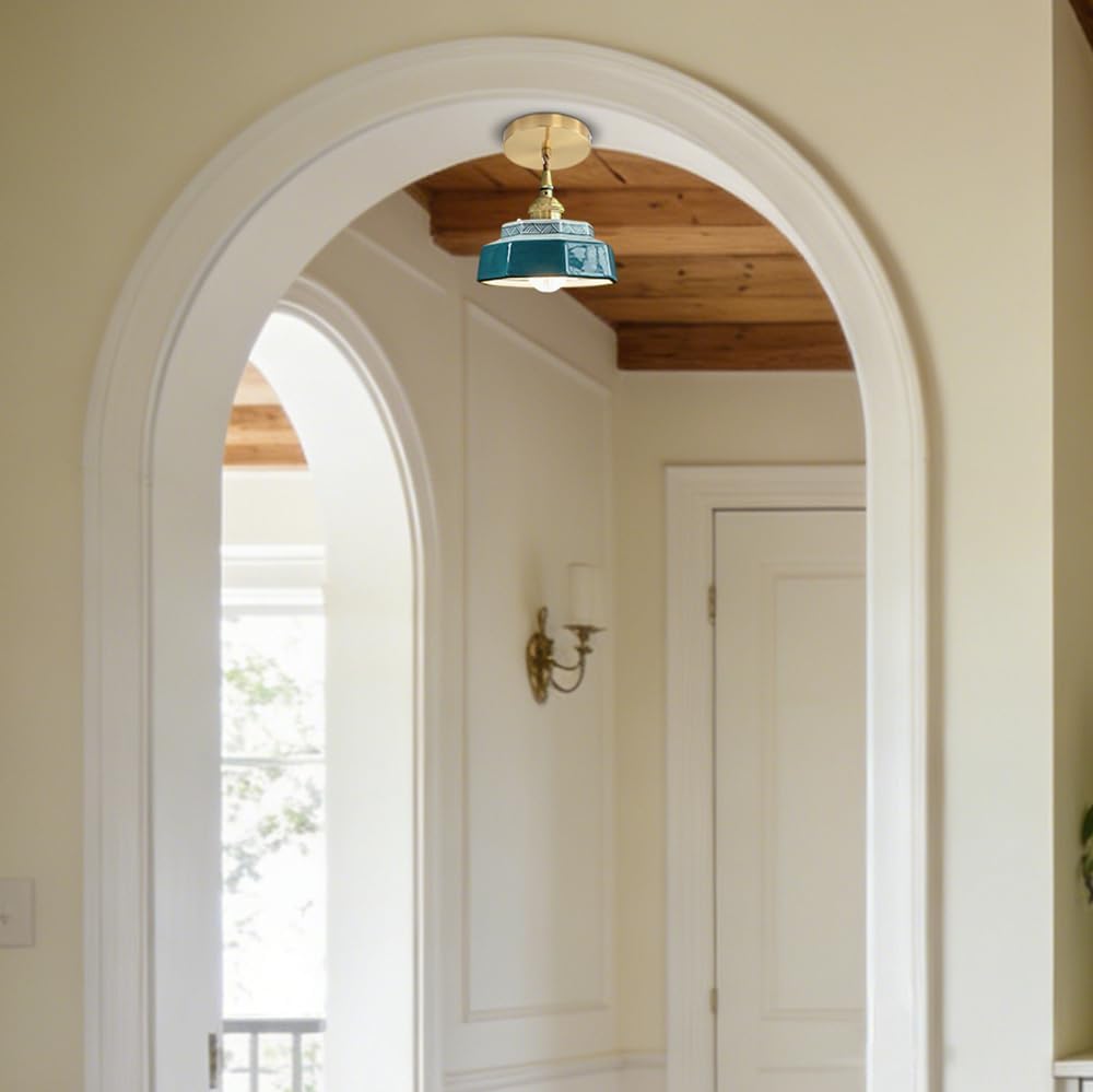Small Pendant Light Green Glass Blue and White Porcelain Pendant Light Fixture Red Ceramic Hanging Lamp Nordic Modern Chandelier for Dining Room Bedroom Kitchen Island Farmhouse Cafe