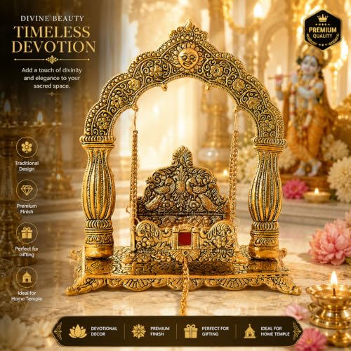 Image of Metal Laddu Gopal Krishna Swing Jhula for Janmashtami Pooja, Decorative Bal Gopal Mandir Swing for Home Temple, Festival Decoration, Pooja Room Decor & Religious Gift