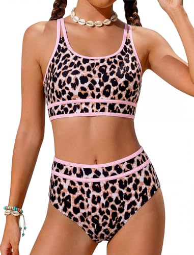 HOZIY HOZIY Tween Girls Bikini Sets Sporty Color Block Two Piece Adjustable Straps Swimsuits with Chest Pad Size 10-18 Years