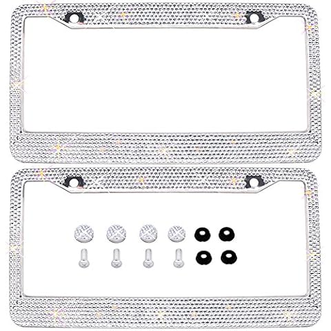 Bling Bling License Plate Frames 2 PACK -8 Row Pure Handmade Waterproof Glitter Rhinestones Crystal White License plate Frame for Cars with 2 Holes Bonus Matching Screws Caps Set Cover