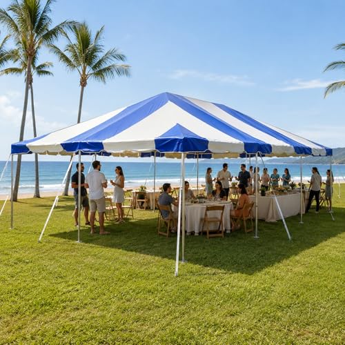 Party Tents Direct 20x30 Canopy Tent, with Steel West Coast Frame, Blue and White Heavy Duty Waterproof PVC Vinyl Event Pavilion Gazebo for Weddings, Parties and Outdoor Events