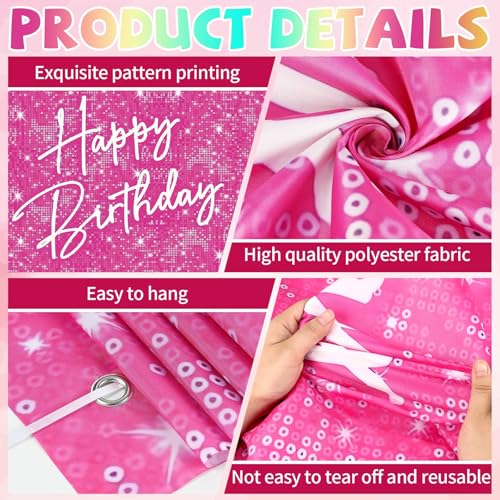 Image of Glitter Happy Birthday Backdrop Banner, Pink Birthdays Banner Backdrop, Happy Birthday Party Decoration Yard Sign Background for Girl Women Birthdays Party Indoor Outdoor Decorations