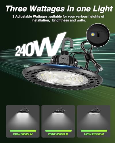 YXL 240W 6 Pack Super Bright UFO High Bay LED Shop Lights, 36000LM 5000K, 0-10V Dimmable, US Plug 5' Cable, 100-277V for Shop, Barn, Warehouse, UL Listed — view 2