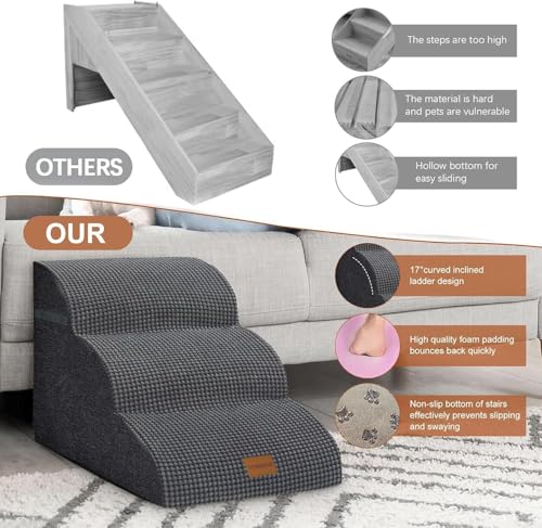 Breiter Hundetreppe Schwarz 5 Stufen 62cm hoch für Kleine Hunde, Hochdichtem Schaumstoff Haustiertreppe, Waschbarem Bezug und Rutschfestem Boden