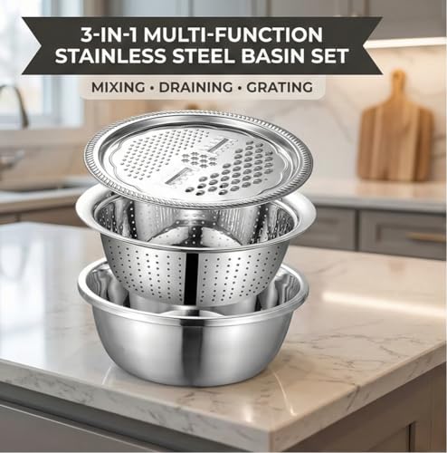 Image of 3IN1 Stainless Steel Basin Set with Colander Grater Lid 3-Piece Multi-Function Mixing Bowl for Washing, Stainless Steel Basin Set 26 CM (Pack of 1)