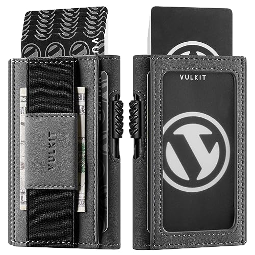 VULKIT Slim Card Holder for Max. 8 Cards with Pop-Up Credit Card Ejector RFID Blocking, ID Window and Elastic Strap for Bills or Keyring, Gift Box Packed, Grey