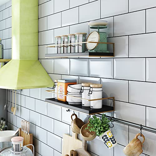 Image of Shario - Set of 2 Floating Shelves with Gold Towel Rack Wall Hanging Decorative Storage Shelves for Bathroom, Kitchen, Living Room and Bedroom (Black)
