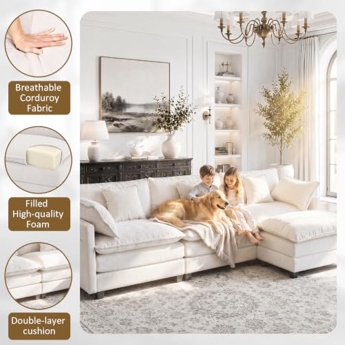 Image of 112 inch L-Shape Modular Sofa with 1 Ottomans, Deep Seat Cloud Convertible Sleeper, 3 Throw 2 Arm Pillows, Comfortable Upholstered Furniture for Living Room Apartment, Beige