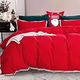 Christmas Duvet Cover Queen Size, 3 Piece Boho Farmhouse Pom Fringe Microfiber Bedding Comforter Cover Set, Soft and Lightweight, Solid Red with White Pompom