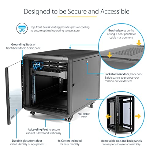 Image of StarTech 15U Enterprise-Grade Server Rack Cabinet, 19in Enclosed 4-Post Rack with 33in (83cm) Mounting Depth and 1764lb (800kg) Weight Capacity | 19in enclosed enterprise steel rack, Adjustable depth 5.7in-33in, Lockable vented doors, Casters & feet