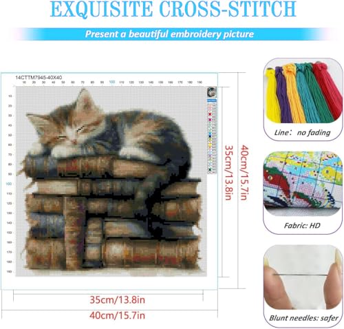 Image of KYOQFVN Cat Counted Stamped Cross Stitch Kits for Adults, 11 CT Stamping Cross Stitch Kit, Animal Needlepoint Cross-Stitch Patterns Dimensions for Home Decor 14x14 Inch