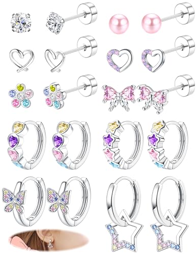 BESTEEL Hypoallergenic Silver Stud Hoop Earrings for Girls Women Surgical Steel Flatback Earrings Cute Kids Earring Pink Colorful CZ Earrings Set Toddler Earring for Sensitive Ears Age over 4 years old