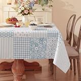 Moukeren Floral Blue Gingham Tablecloth Vintage Patchwork Tablecover Rectangle 60x84 Inch Rustic Blue Striped Table Cloth Plaid Quilted Tablecloths for Kitchen Dining Summer Picnic Party Decor