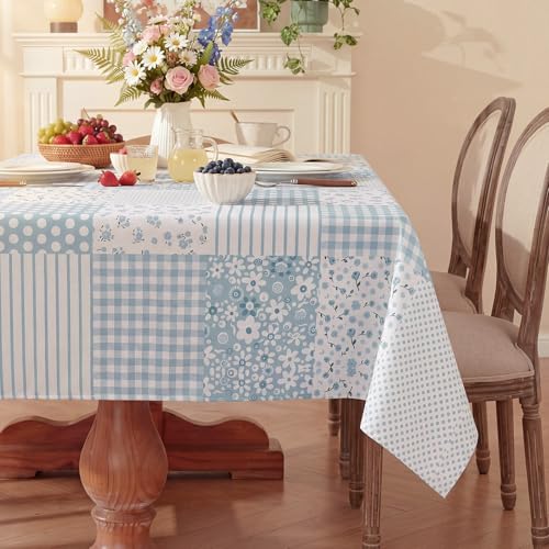 Moukeren Floral Blue Gingham Tablecloth Vintage Patchwork Tablecover Rectangle 60x84 Inch Rustic Blue Striped Table Cloth Plaid Quilted Tablecloths for Kitchen Dining Summer Picnic Party Decor
