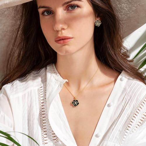 Goxygen Rose Flower Earring Necklace Set - 14k Gold Plated Hypoallergenic Jewelry Sets For Women, Trendy Cubic Zirconia Floral Earring Pendant Necklace Anniversary Birthday Gift for Her (Black) — view 3