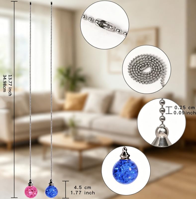 Image of 2pcs Crystal Ceiling Fan Pull Chain Ornament, 12 inch Ball Chain Pink & Blue Fan Light Pulls Decorative Extension with Connector, Sliver Chain