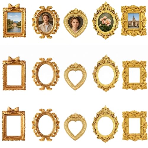 WQLLWFC 15PCS Gold Mini Picture Frames Vintage Resin Miniature Museum Photo FrameDIY Tiny Small Pictures Frame are Suitable for Couple Family Pet PhotosJewelry DisplayHome Wedding Decor