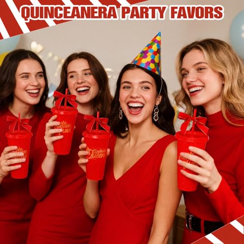Jingmore 8 Set Birthday Cup 24 oz with Lid Straw Bow Squad,Red by Jingmore - Used condition - Image 6