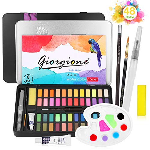 Funxim 48 Aquarellfarben Set, Tragbar Aquarell Farbkasten Wasserfarben Kasten mit Wasserfarben Papier, Wassertankpinsel, Geeignet für Anfänger, Studenten und Kinder