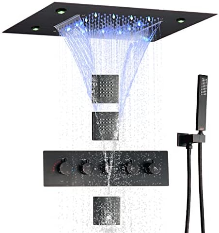 DULABRAHE Oil Rubbed Bronze Thermostatic Rain Shower Faucet System 14 X 20 Inch LED Waterfall Rainfall Shower Head Bathroom Mixer Set Body Sprayer Jet All Functions Can Work Together
