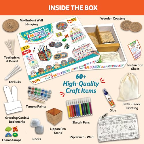 Image of Little Berry Indian Art Forms Kits | Paper, Wood Ultimate 6 in 1 DIY Art & Craft Kit for Kids | Create 20+ Projects | Learn Lippan, Warli, Block Printing, Mandala & Madhubani Painting Kit | DIY Toys