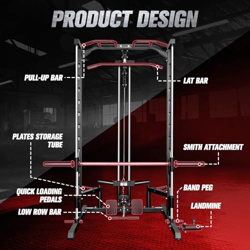 Image of RitFit Smith Machine Power Rack with LAT-Pull Down System, Landmine, Barbell Bar, Plate Storage Pegs and More Training Attachment