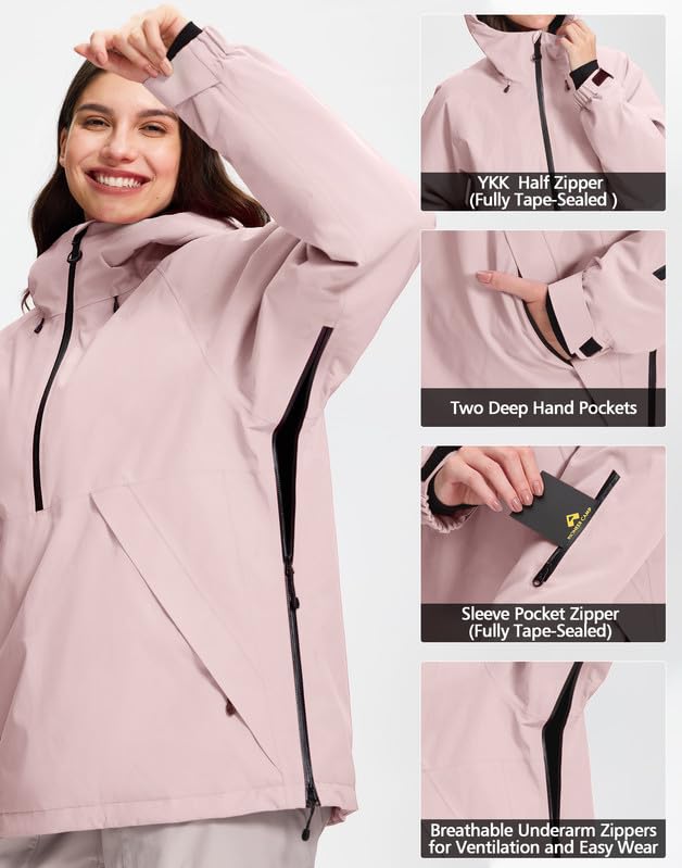 Pioneer Camp Damen Skijacke mit Kapuze Wasserdicht 10000mm H2O Winddichte Schneejacke – Warme Winterjacke mit Abnehmbarer Schneefang und Reißverschluss Kapuze für Ski Snowboard Outdoor(Pink;M)
