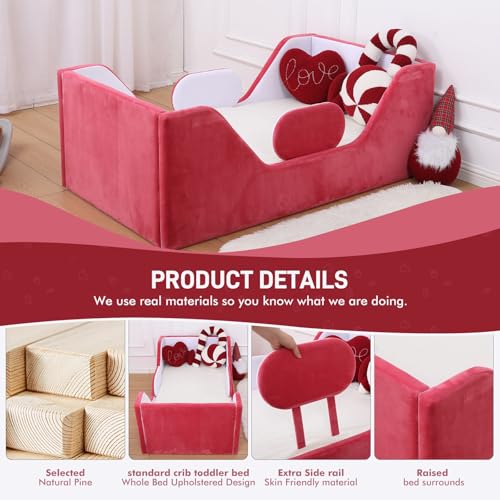Image of weeonekids Toddler Bed, Child Bed for Kids with Extra Safty Broad, Standard Crib Size Toddler Bed, Certified Fabric Toddler Beds,Toddler Flood Bed (Mixed White /Red)