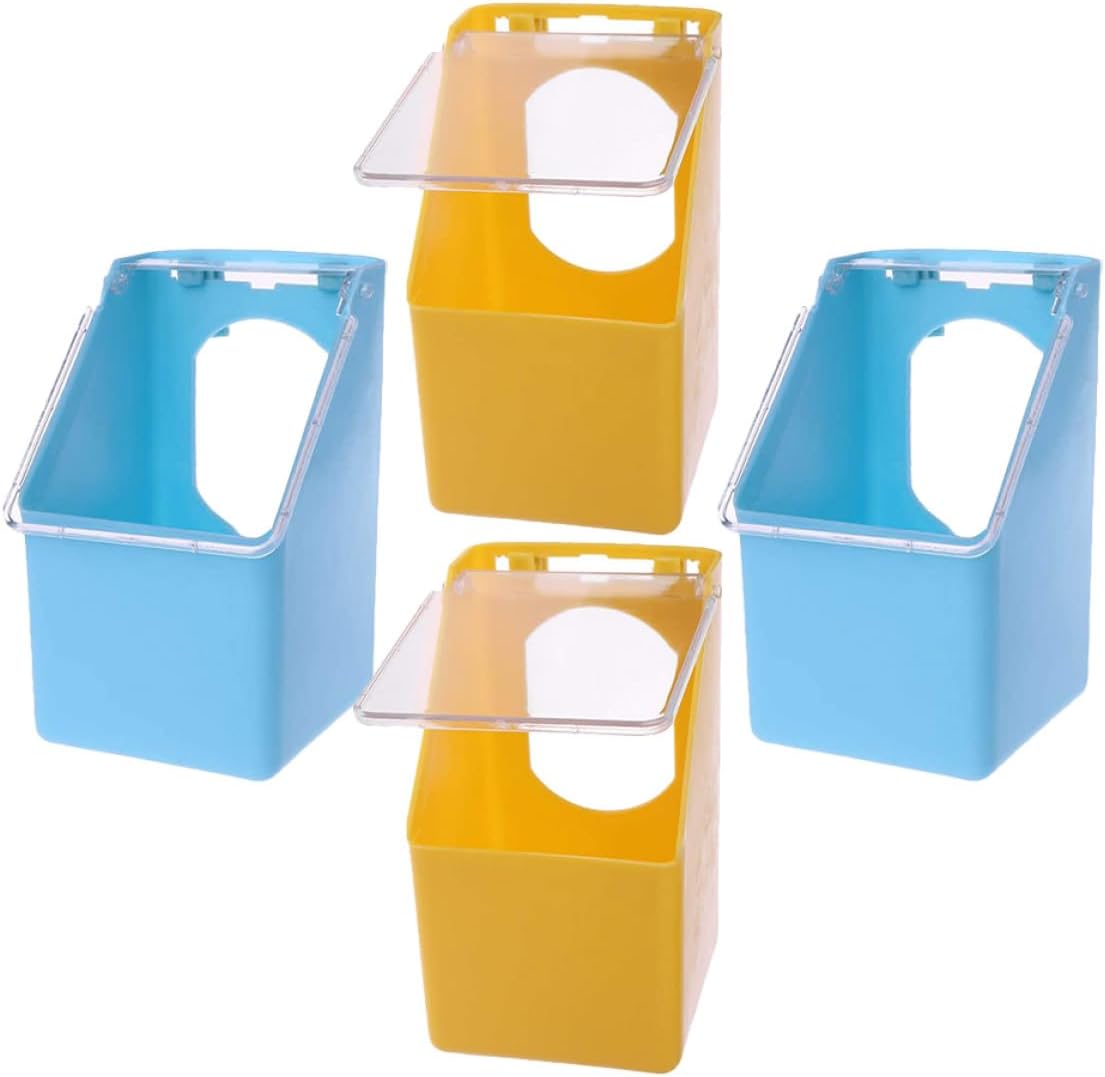 4pcs Hanging Bird Cage Feeders with Buckle Design, Multi-Functional Covered Feeders for Pigeons and Quail, Blue and Yellow Set for Poultry Feeding and Watering