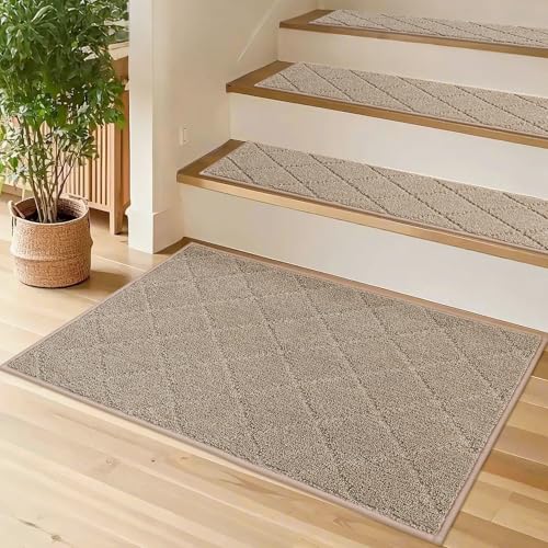 COSY HOMEER Edging Stair Treads Non-Slip Corner Indoor Stair Runners for Wooden Steps,Landing Slip Resistant Stair Rugs for Kids and Dogs, 100% Polyester TPE Backing,Beige,20"X32" Beige 20×3