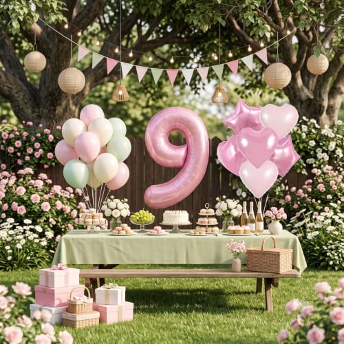 Image of TONIFUL 9th Birthday Balloons Kit 40 Inch Pink Large Number 9 Foil Balloon