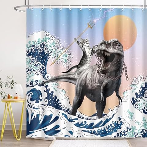 BIYSUC Funny Cat Shower Curtain Brave Cat Holding Trident Arrow Riding Dino in Ocean Wave Kids Children Boys Animal Bathroom Decor Waterproof Polyester Fabric 72Lx72W Inch with Hooks Cover