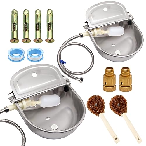 Automatic-Animal-Drinking-Water-Bowl-with-Float-Valve-and-Drainage-Hole-304-Stainless-Steel-Livestock-Dispenser-Waterer-Kits-Included-Water-Hose-34Adaptor-Float-Valves-Mounting-Bolts-2-Sets